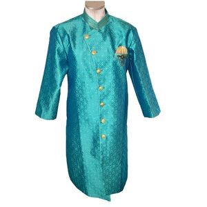 Turquoise Brocade Long Nehru Coat with Gold Buttons